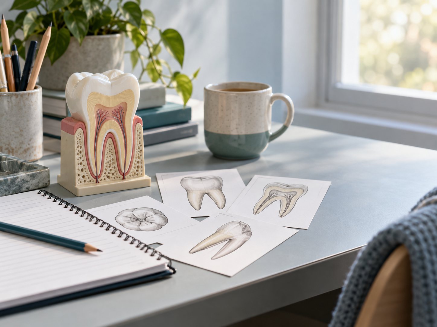 Dental study materials, a periapical radiograph and a notebook on a desk